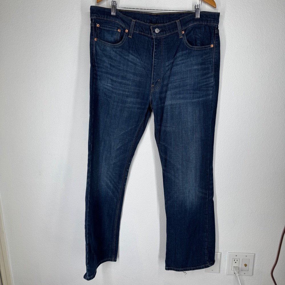 Levis 527 Slim Bootcut Jeans Mens 38x32 Dark Wash‎ Denim Distressed Blue Faded
